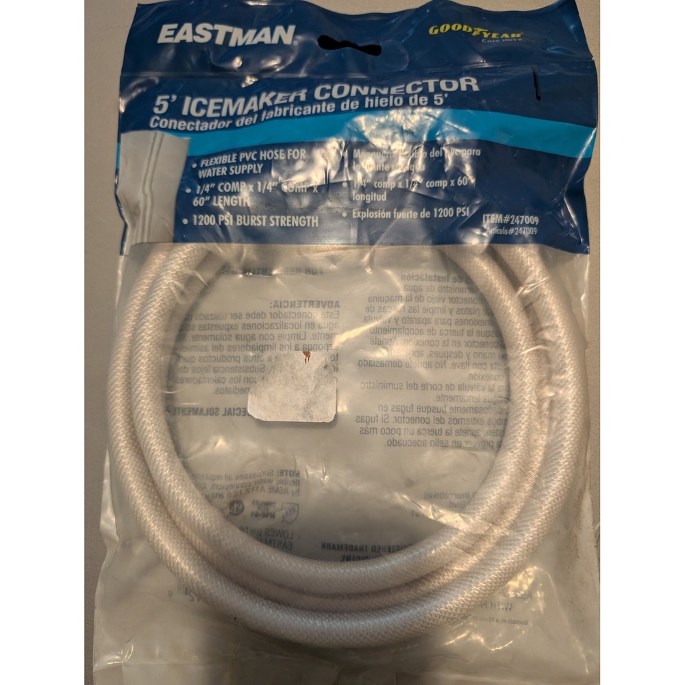 Eastman 5 Foot Icemaker Connector Water Supply Hose 1200 PSI Burst Strength